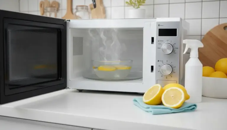 Microonde aperto con ciotola di acqua e fette di limone che sprigionano vapore su un piano cucina