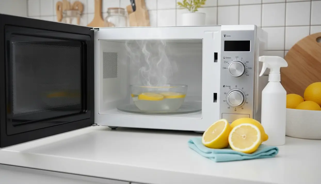 Microonde aperto con ciotola di acqua e fette di limone che sprigionano vapore su un piano cucina