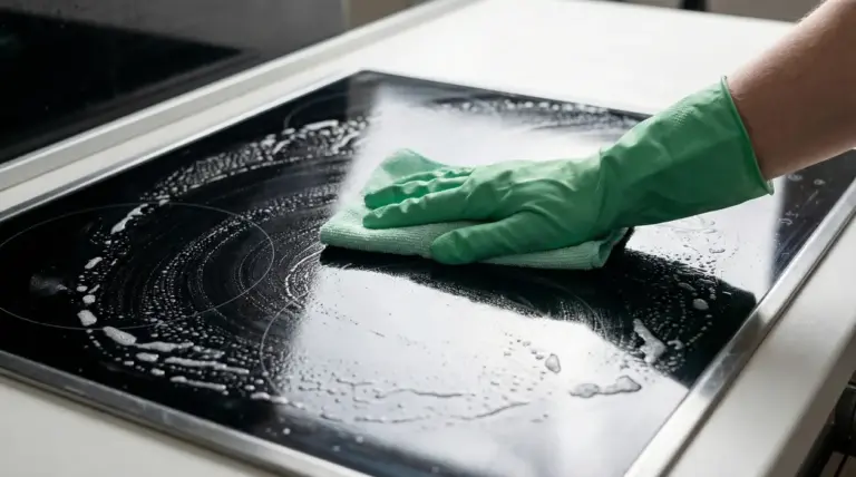 Mano con guanto verde pulisce un piano cottura in vetro con panno in microfibra e detergente