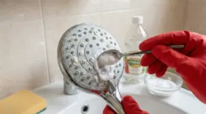 Soffione della doccia con calcare pulito con un rimedio naturale a base di bicarbonato e aceto