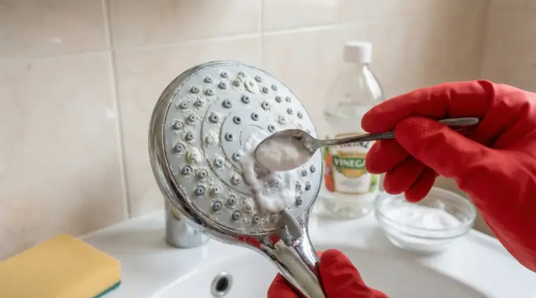 Soffione della doccia con calcare pulito con un rimedio naturale a base di bicarbonato e aceto