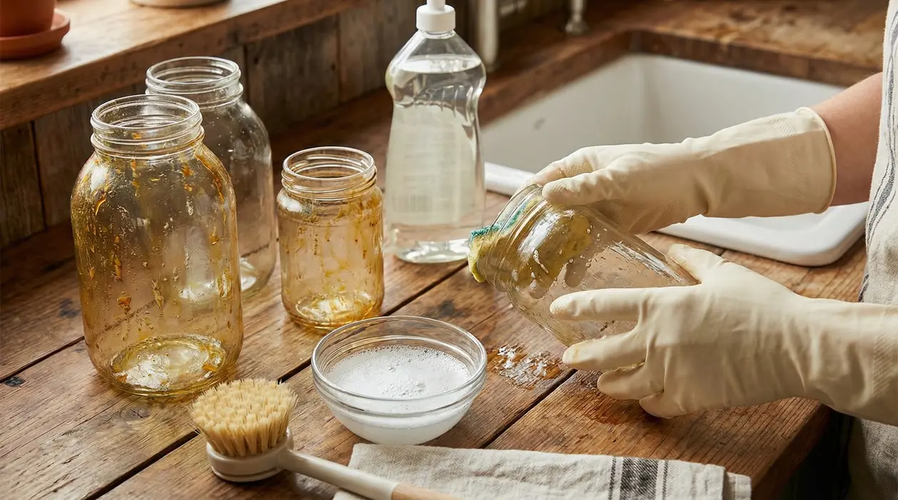 Mani con guanti puliscono un barattolo unto con spugna e detersivo sul piano cucina, con altri vasetti di vetro
