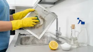 Persona con guanti gialli pulisce il filtro della cappa in cucina con spugna e vapore, vicino a limone e aceto
