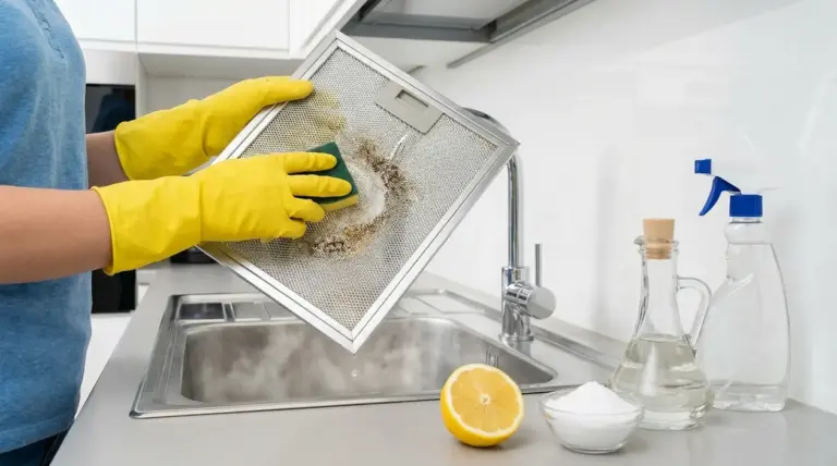Persona con guanti gialli pulisce il filtro della cappa in cucina con spugna e vapore, vicino a limone e aceto