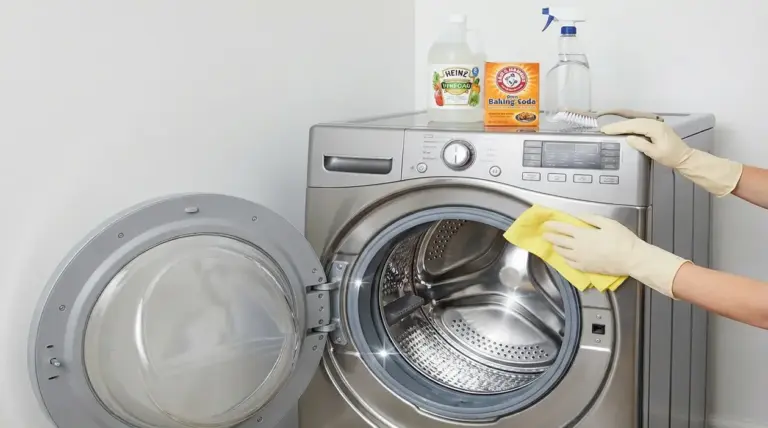 Persona con guanti pulisce una lavatrice a carica frontale aperta con panno e detergenti come aceto e bicarbonato