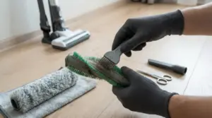 Mani con guanti rimuovono capelli dalla spazzola dell’aspirapolvere con un pettinino, su pavimento in legno