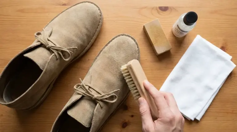 Spazzola che pulisce scarpe in camoscio beige su tavolo in legno, con gomma, detergente e panno bianco