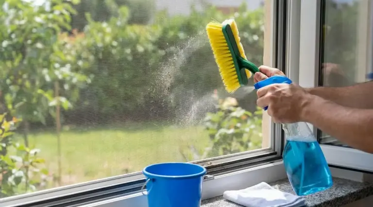 Persona che pulisce una zanzariera con spazzola e spray senza smontarla vicino a una finestra aperta