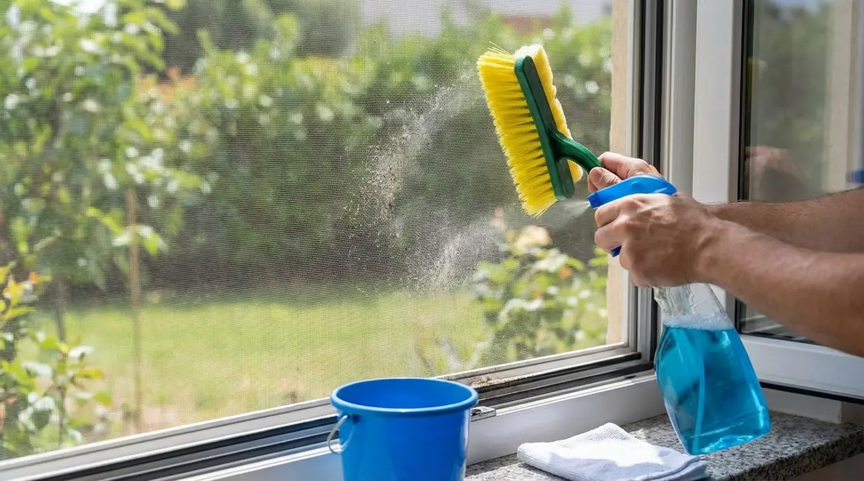 Persona che pulisce una zanzariera con spazzola e spray senza smontarla vicino a una finestra aperta