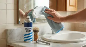 Mano pulisce lo specchio del bagno con panno e schiuma da barba, con bomboletta sul lavandino