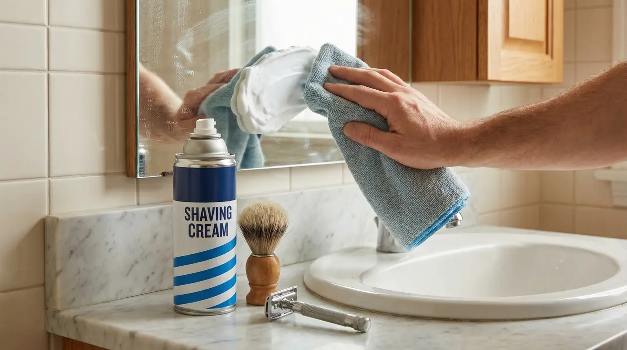 Mano pulisce lo specchio del bagno con panno e schiuma da barba, con bomboletta sul lavandino