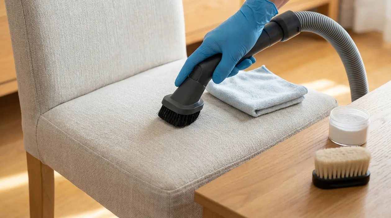 Aspirapolvere con spazzola su sedia imbottita in tessuto, con panno e detergente per pulizia a secco