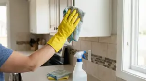 Persona con guanto giallo pulisce un pensile della cucina con panno in microfibra e spray detergente sul piano