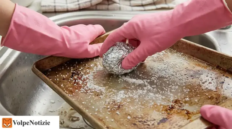 Mani con guanti rosa puliscono una teglia sporca con una pallina di alluminio e sale sopra un lavello