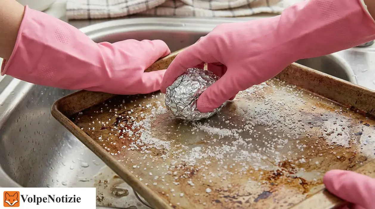 Mani con guanti rosa puliscono una teglia sporca con una pallina di alluminio e sale sopra un lavello