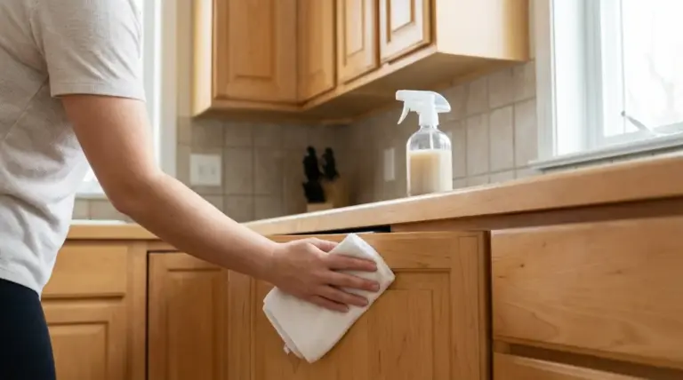 Persona pulisce uno sportello in legno della cucina con un panno, con flacone spray sul piano di lavoro