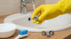 Mano con guanto giallo tiene il filtrino del rubinetto smontato e incrostato di calcare vicino al lavandino