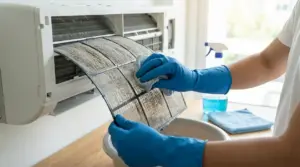 Persona pulisce il filtro sporco del condizionatore durante le pulizie di stagione in casa