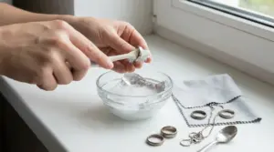 Mani che puliscono un anello d'argento con uno spazzolino sopra una ciotola con liquido