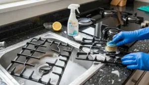 Mani con guanti puliscono le griglie del piano cottura con spazzola e schiuma vicino al lavello