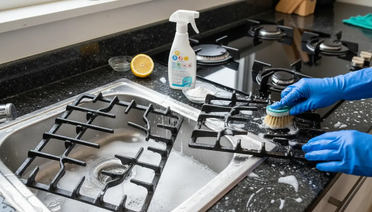 Mani con guanti puliscono le griglie del piano cottura con spazzola e schiuma vicino al lavello