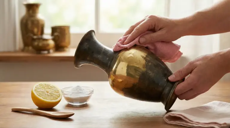 Mani che puliscono un vaso di ottone annerito con un panno, limone e bicarbonato su un tavolo