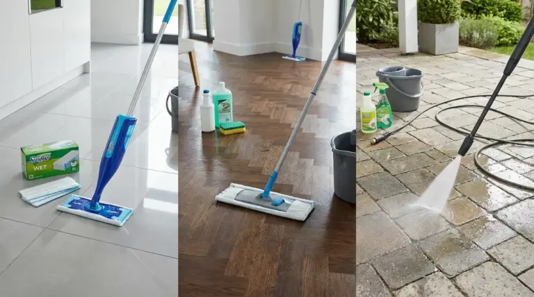 Pulizia di pavimenti in gres, parquet e pietra con mop e idropulitrice in ambienti interni ed esterni
