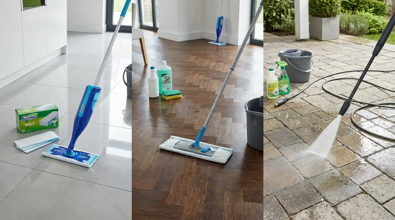 Pulizia di pavimenti in gres, parquet e pietra con mop e idropulitrice in ambienti interni ed esterni