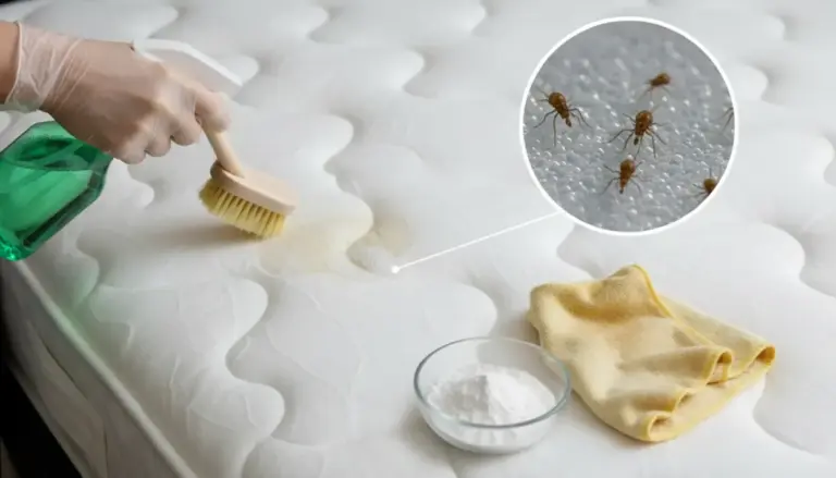 Persona che pulisce un materasso con spray e spazzola, con focus sugli acari e una macchia da rimuovere