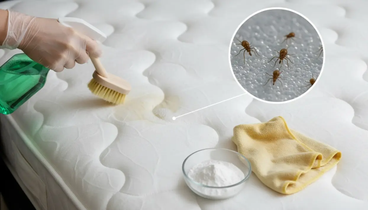 Persona che pulisce un materasso con spray e spazzola, con focus sugli acari e una macchia da rimuovere