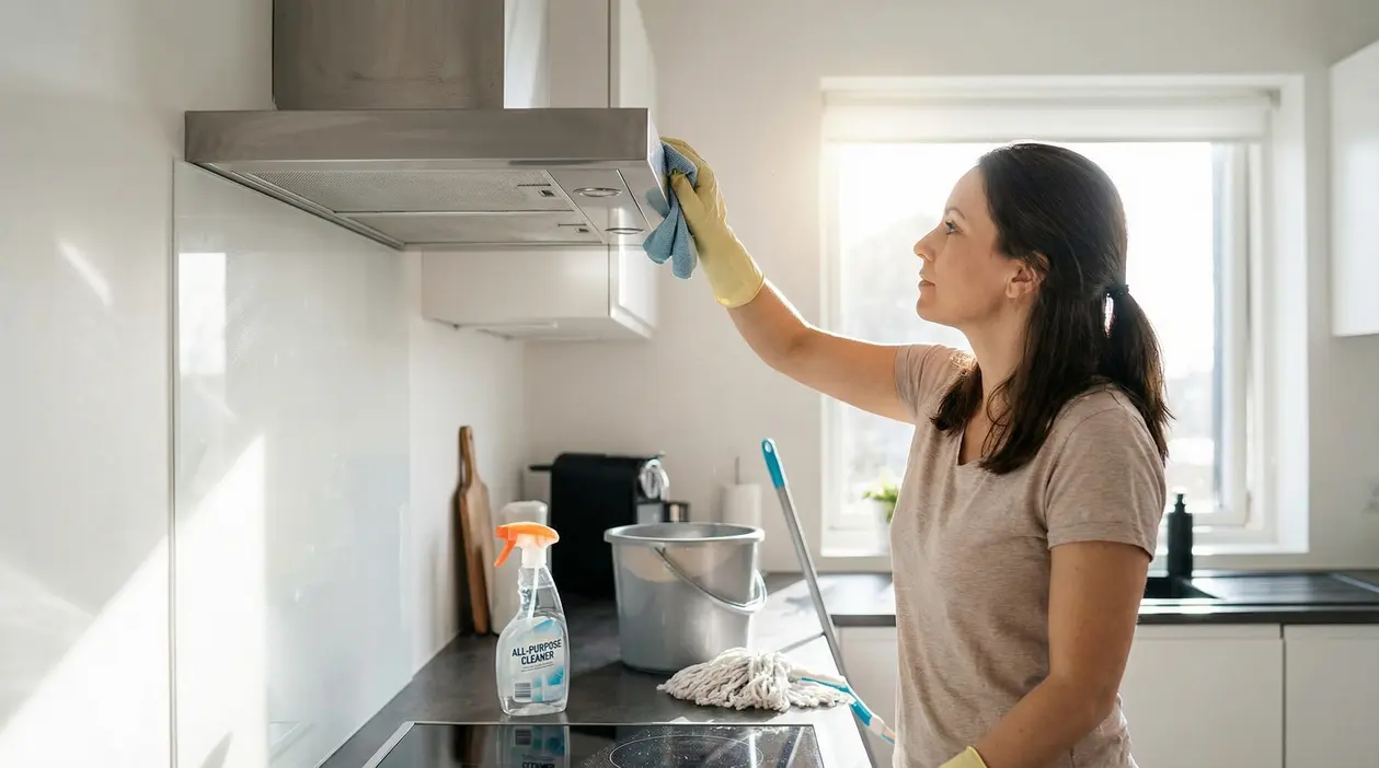 Una persona pulisce la cappa della cucina con un panno e guanti di gomma