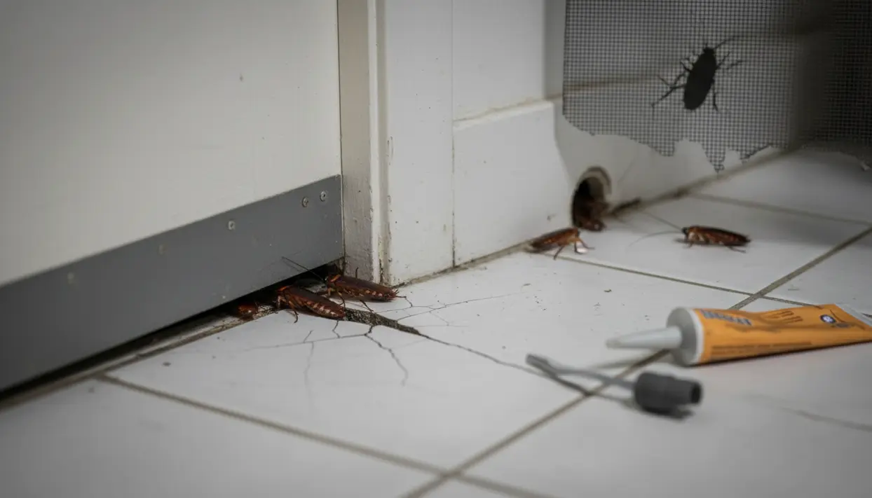 Scarafaggi vicino alla porta e a un foro nel muro, con crepe nelle piastrelle e silicone per sigillare