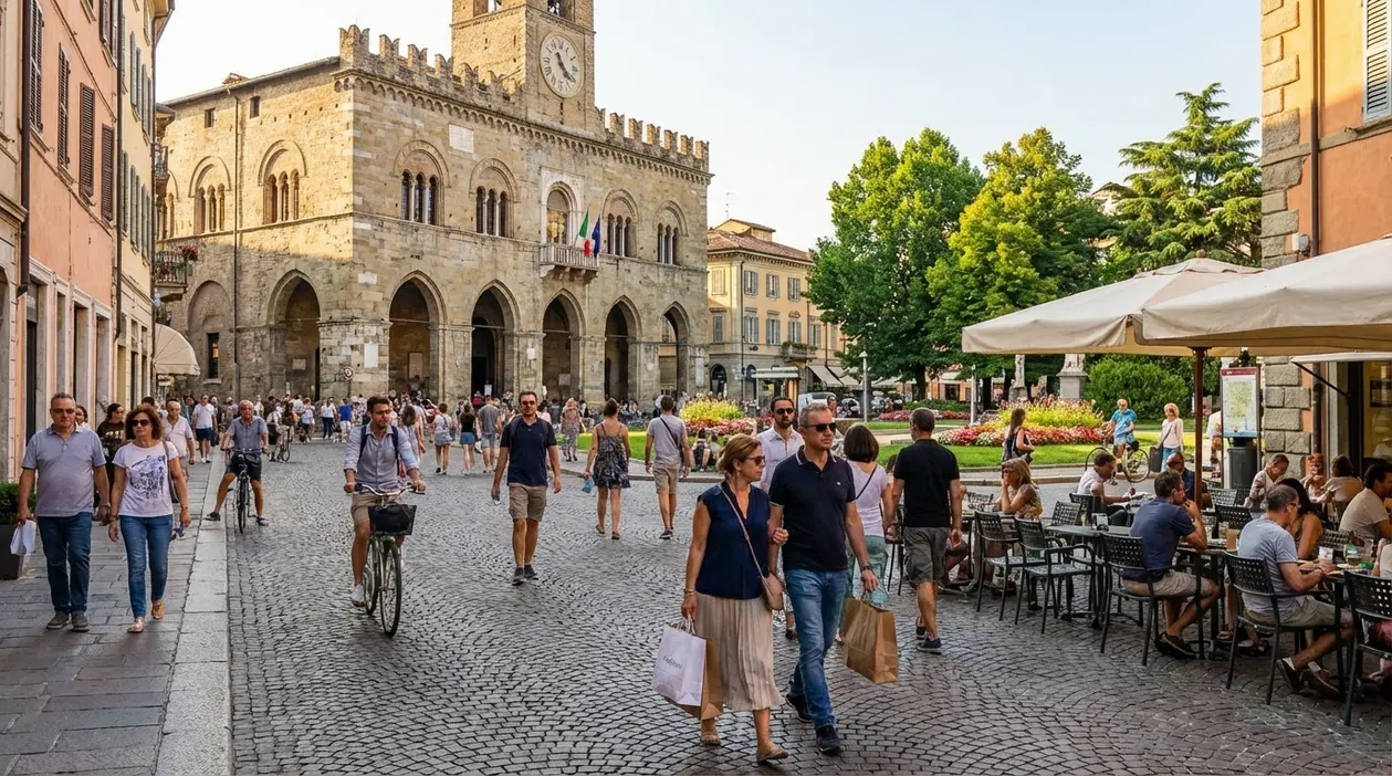 Persone a passeggio e in bici in una piazza storica italiana con caffè all'aperto e palazzo comunale