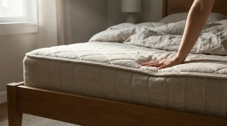 Una persona preme con la mano un materasso su un letto, per verificarne comfort e cedimenti