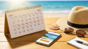 Calendario di luglio su un tavolo con smartphone, occhiali, cappello e conchiglie davanti al mare