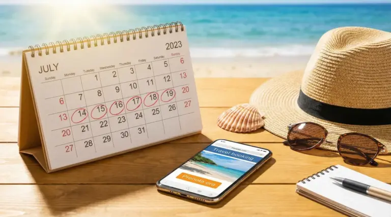 Calendario di luglio su un tavolo con smartphone, occhiali, cappello e conchiglie davanti al mare