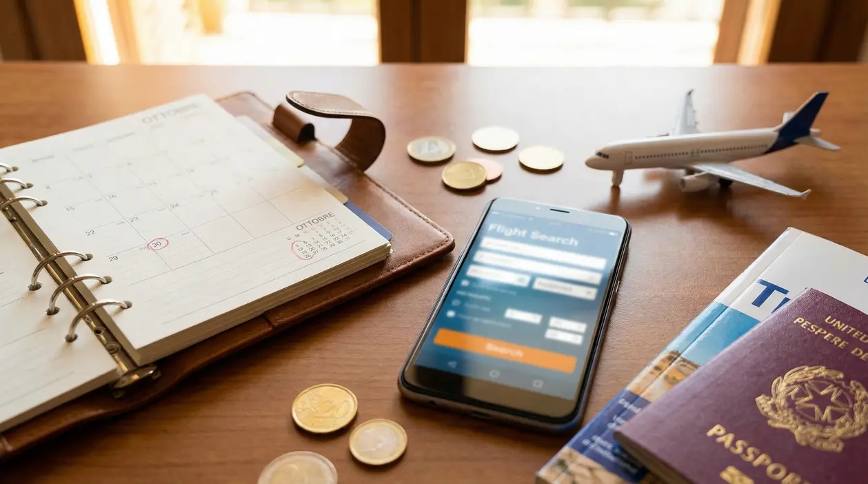 Calendario, smartphone con ricerca voli, passaporto, monete e modellino di aereo su un tavolo