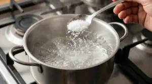 Una mano versa sale grosso in una pentola di acqua bollente su un fornello