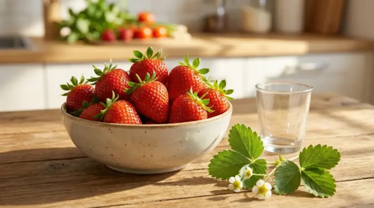 Ciotola colma di fragole fresche su un tavolo di legno in una cucina luminosa