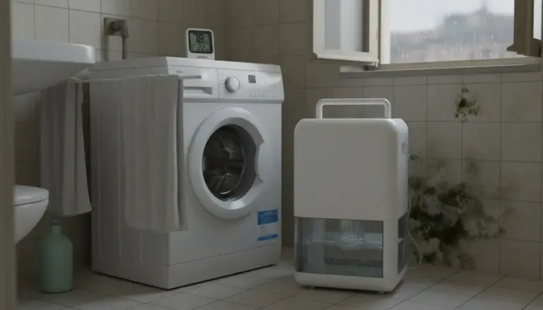 Deumidificatore acceso in bagno vicino a lavatrice, con muffa visibile sulle piastrelle del muro