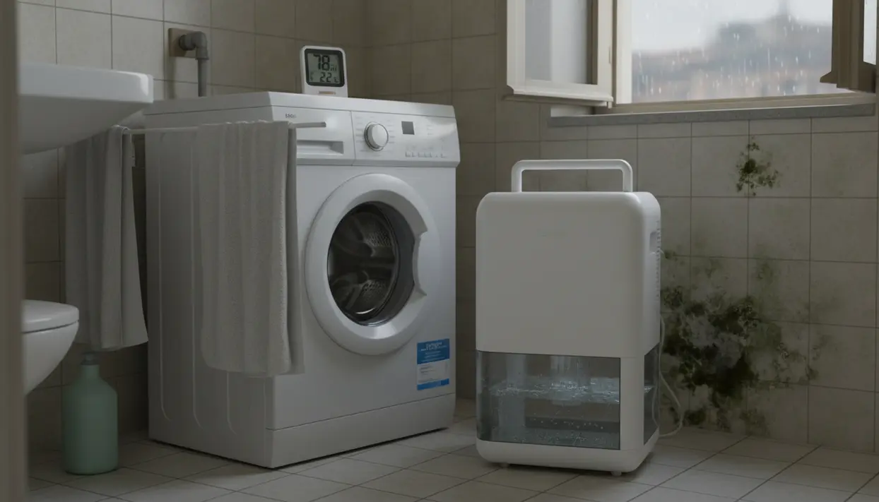 Deumidificatore acceso in bagno vicino a lavatrice, con muffa visibile sulle piastrelle del muro