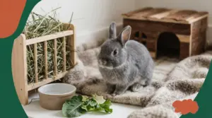 Coniglio nano grigio seduto su una coperta vicino a fieno, verdura e ciotola d'acqua