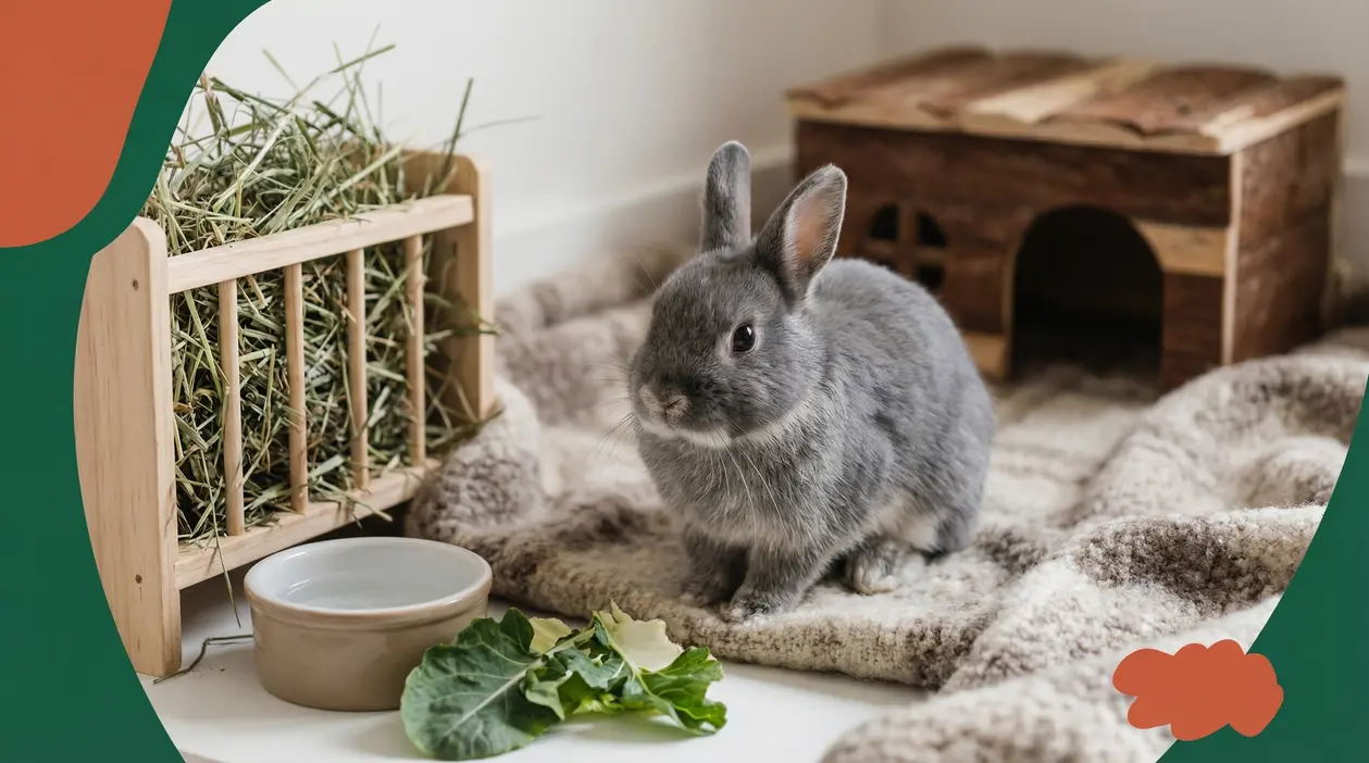 Coniglio nano grigio seduto su una coperta vicino a fieno, verdura e ciotola d'acqua