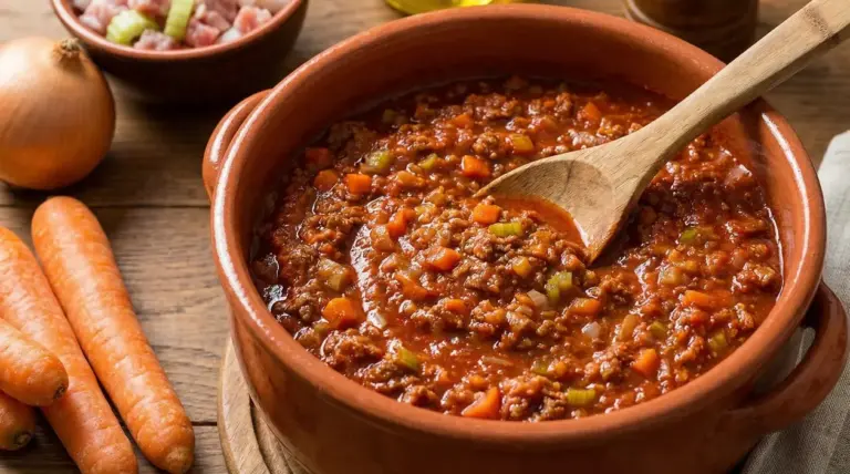 Ragù alla bolognese in una pentola di terracotta con cucchiaio di legno