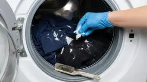 Mano con guanto rimuove residui di fazzoletti dai vestiti nel cestello della lavatrice a carica frontale