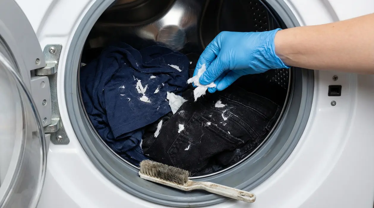 Mano con guanto rimuove residui di fazzoletti dai vestiti nel cestello della lavatrice a carica frontale