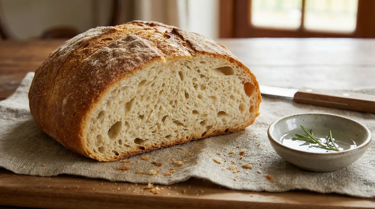 Pagnotta di pane all’acqua con mollica soffice su un tavolo rustico