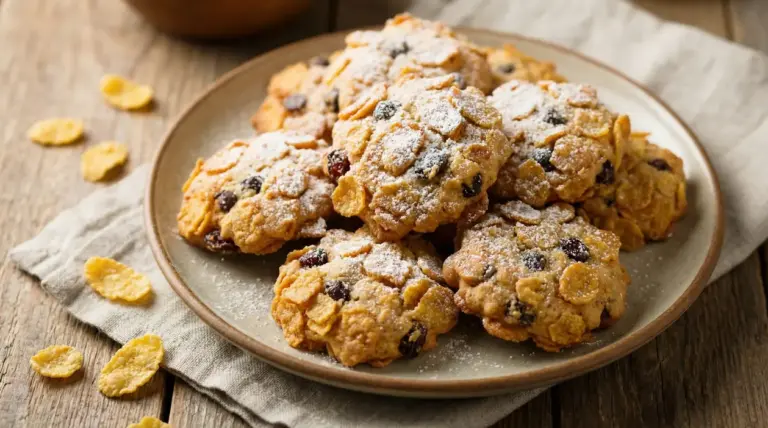 Biscotti rose del deserto con uvetta e cornflakes su un piatto rustico