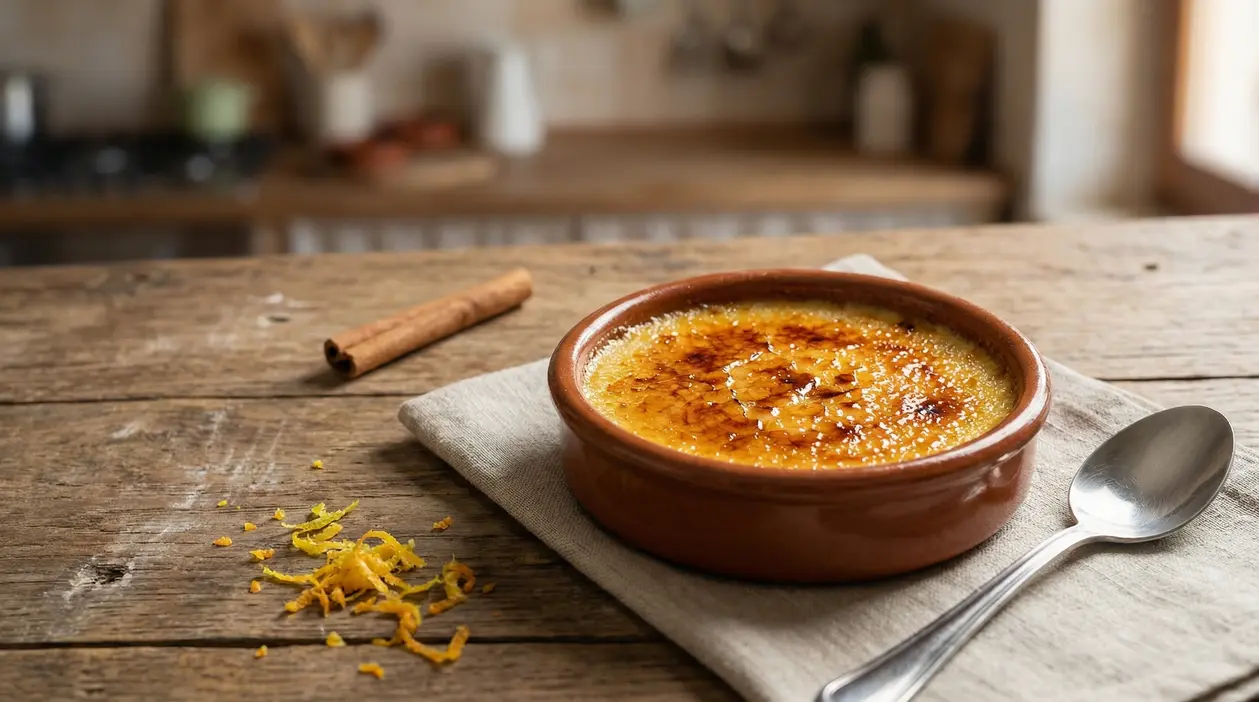Crema catalana servita in una ciotola di terracotta su un tavolo rustico con cucchiaio