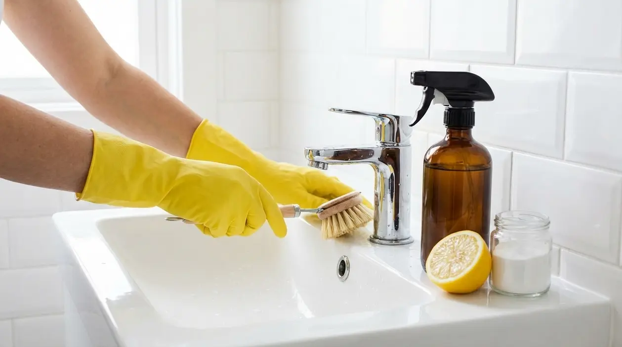 Persona con guanti gialli pulisce il rubinetto del lavabo con spazzola e detergenti naturali al limone